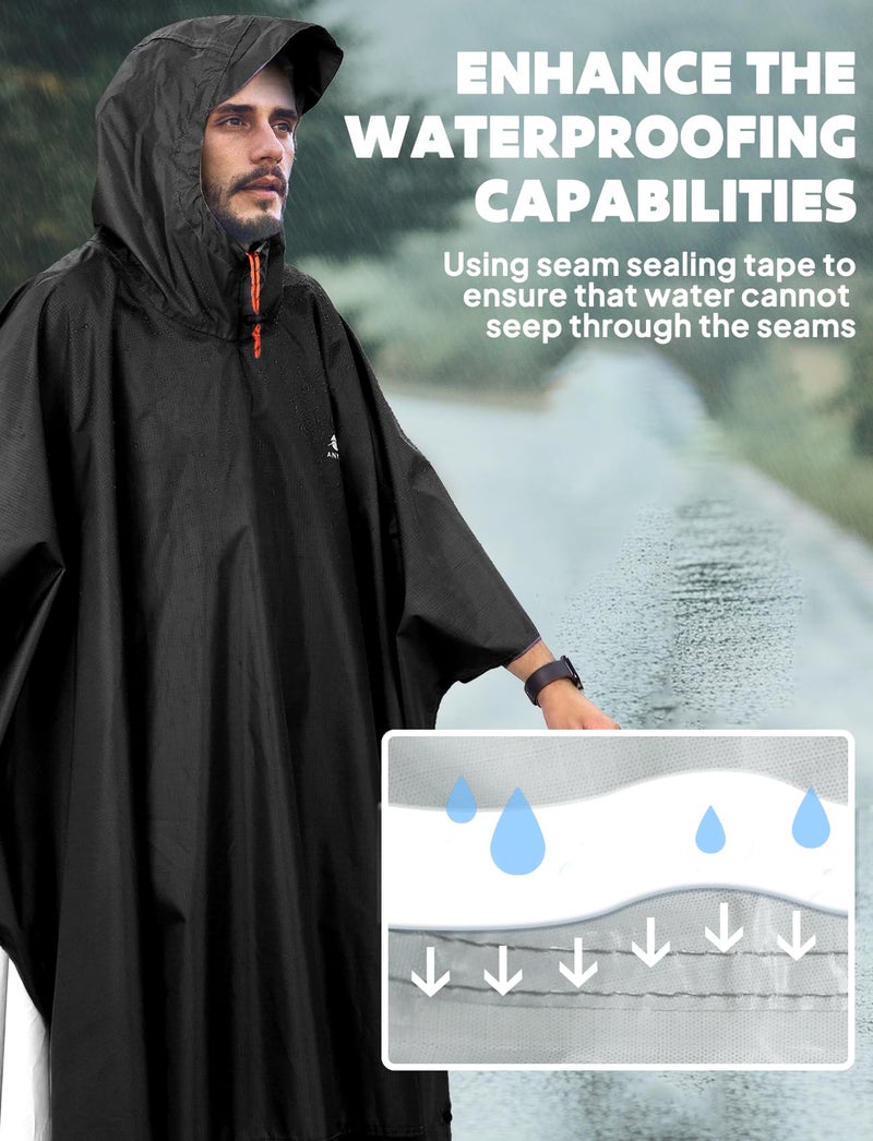 ANYOO Hooded Rain Poncho for Adults Waterproof Lightweight Rain Coats for Men Women Reusable Rain Jacket for Emergency Camping Outdoor Activities (Black) One Size - Image 5